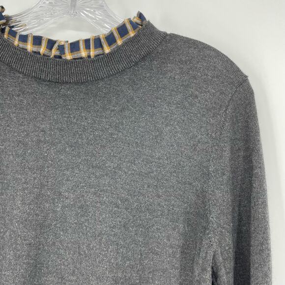 Loft Wool Ruffle Plaid Gray Sweater Size Medium - Picture 4 of 6
